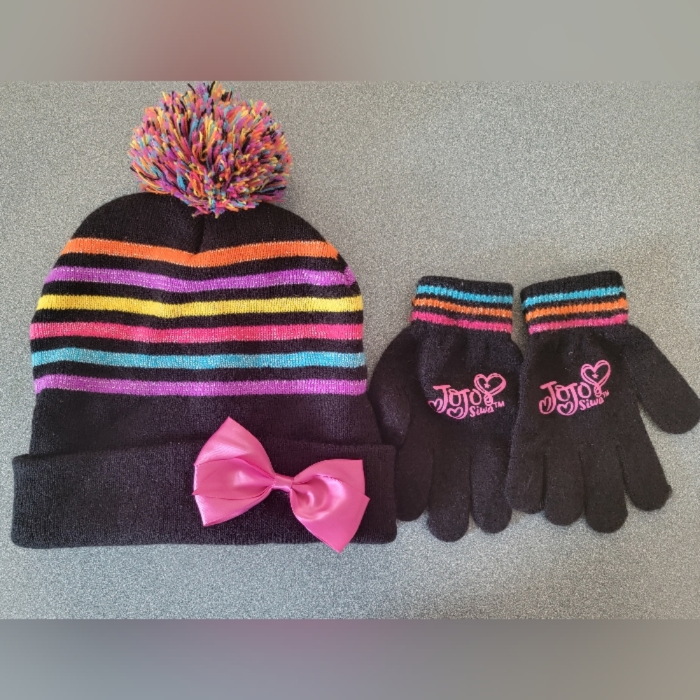 SOLD Jojo Siwa Little Girls' Striped Beanie Hat and Gloves Set Ages 4-7
